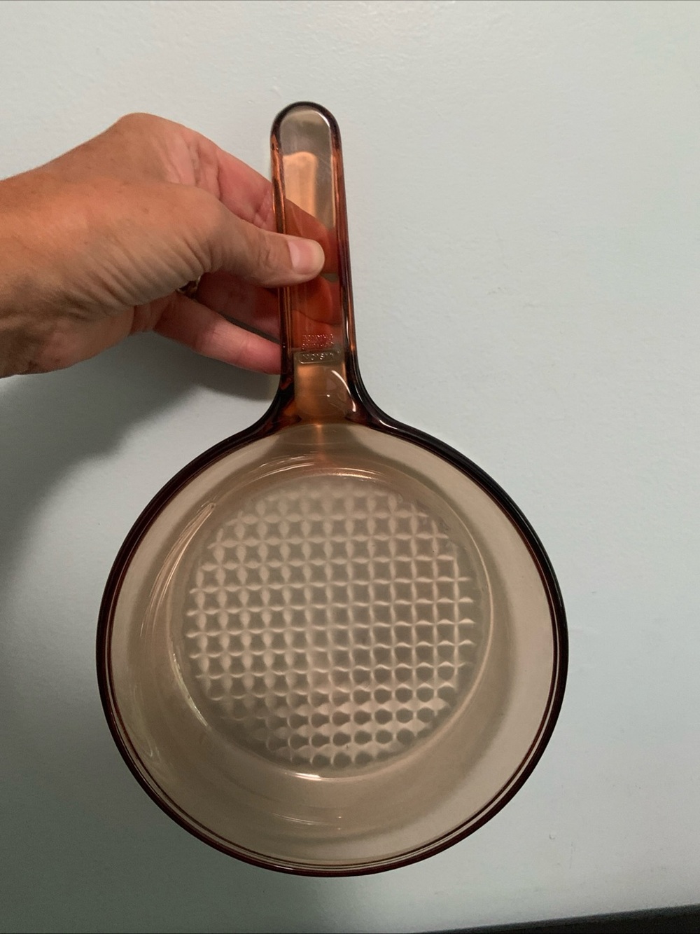 Visions by Corning Amber Glass 7 Inch Waffle Bottom Frying Pan.  Made in France.